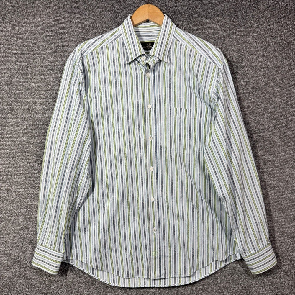 Bugatchi Uomo Mens Large L Button Down Shirt Striped Paisley Jacquard Blue Green